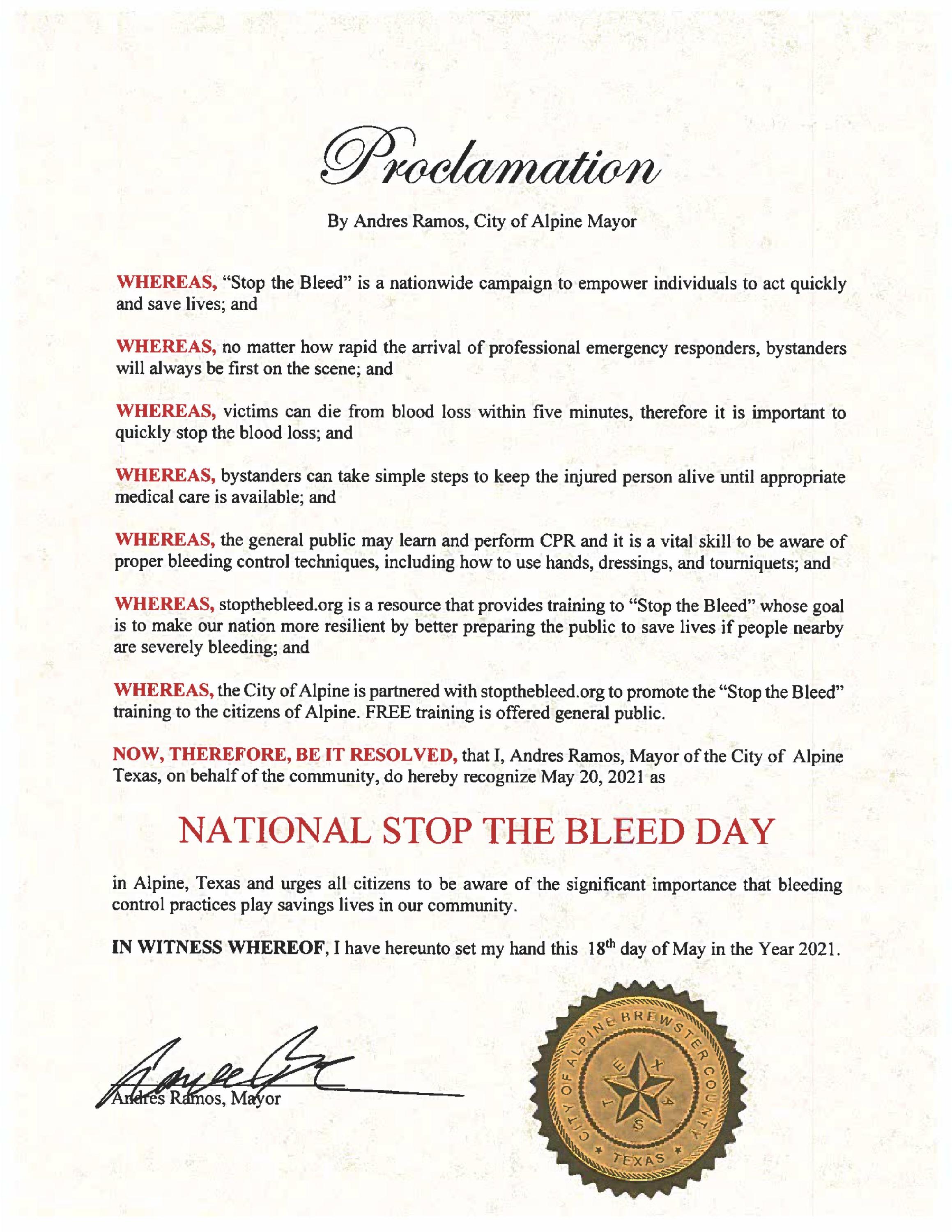 Stop the Bleed Proclamation